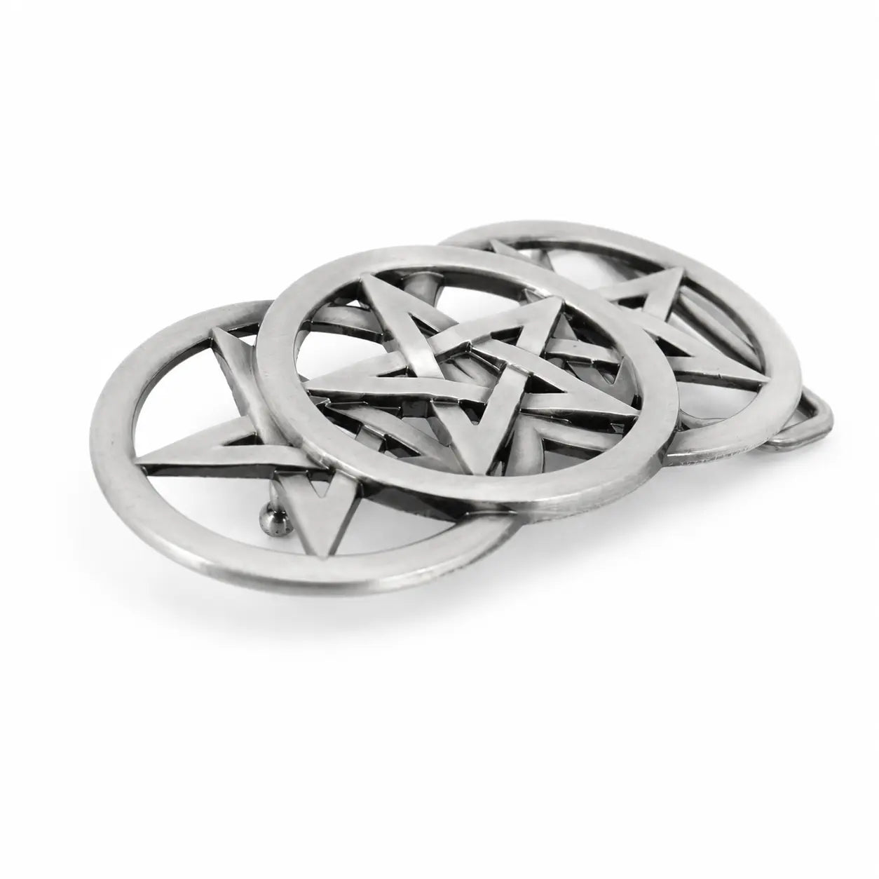 Metallic pentagram belt buckle design on a white background