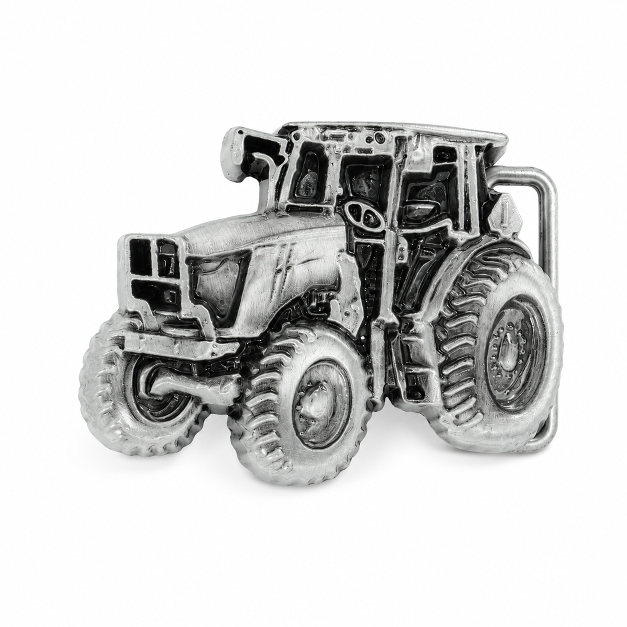 Silver tractor belt buckle on a white background