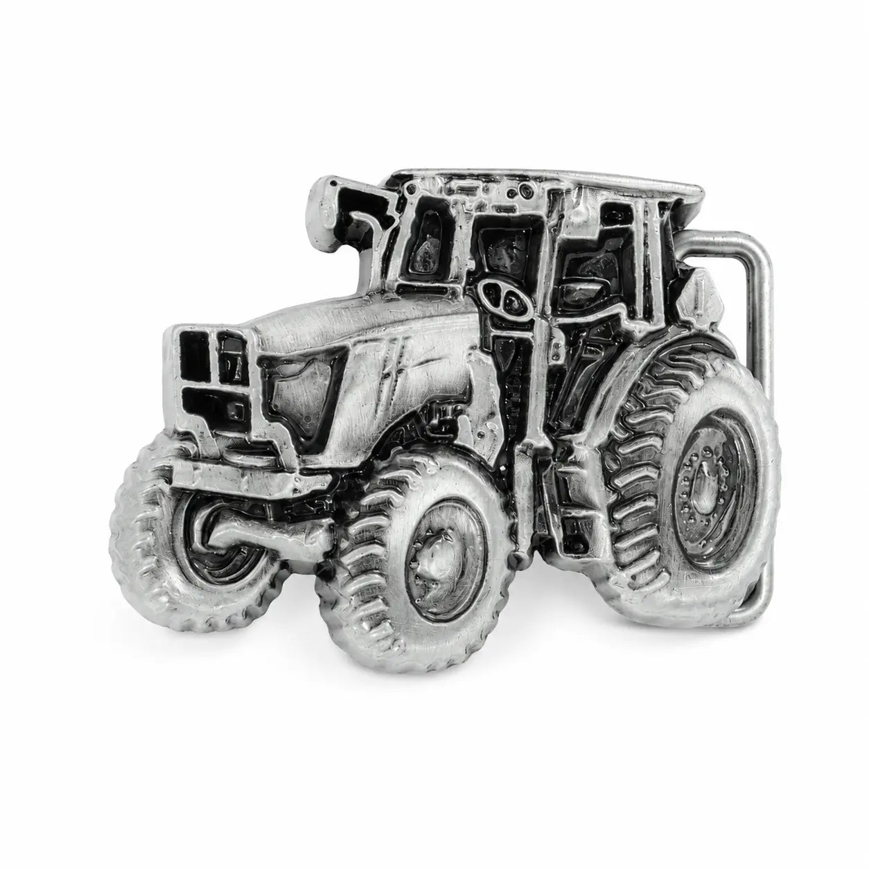 Silver tractor belt buckle on a white background