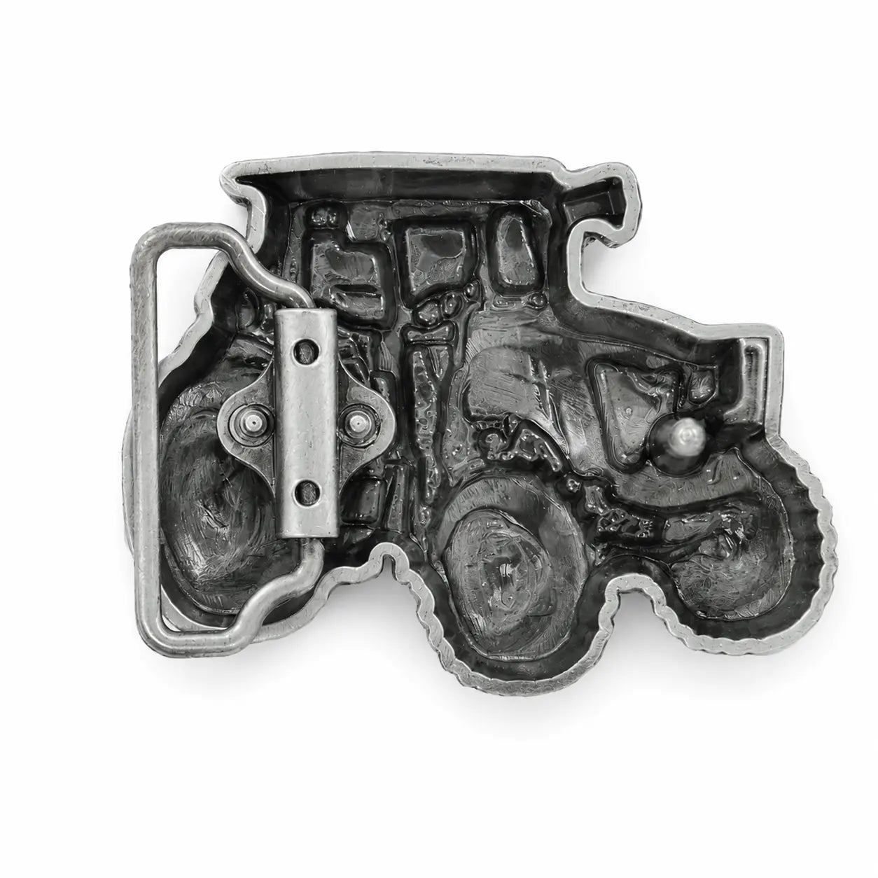 Rear of tractor belt buckle with a white background