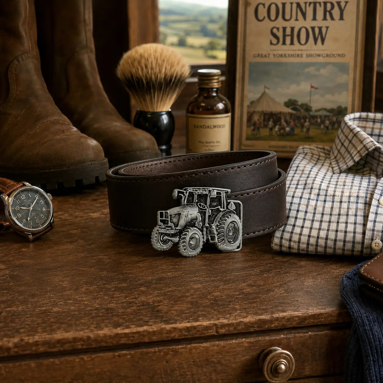 Tractor belt buckle on a wooden surface with boots, watch, and other items.