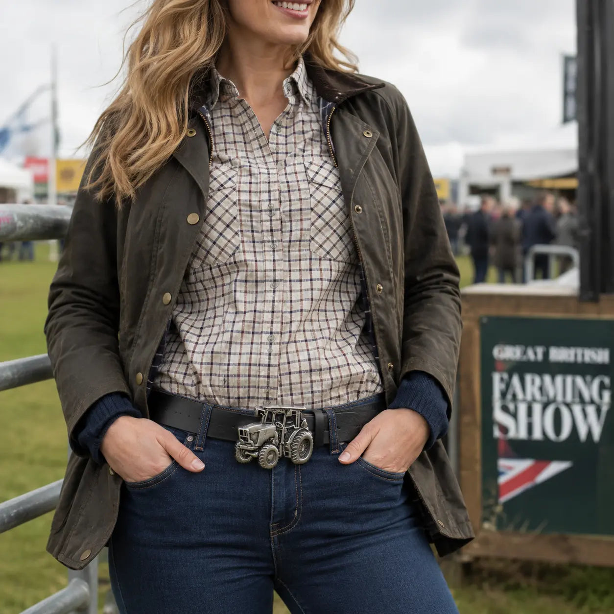 Woman in checkered shirt and jacket at the Great British Farming Show wearing a tractor belt buckle