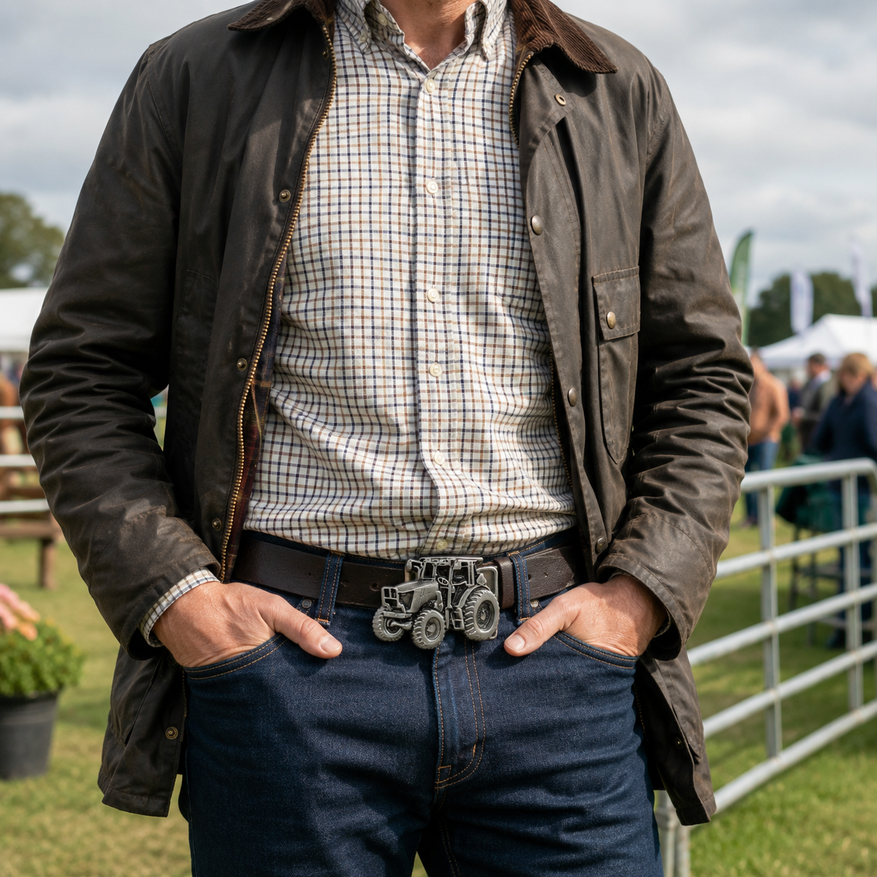 Man wearing a dark jacket, checkered shirt, and jeans with a tractor belt buckle outdoors.