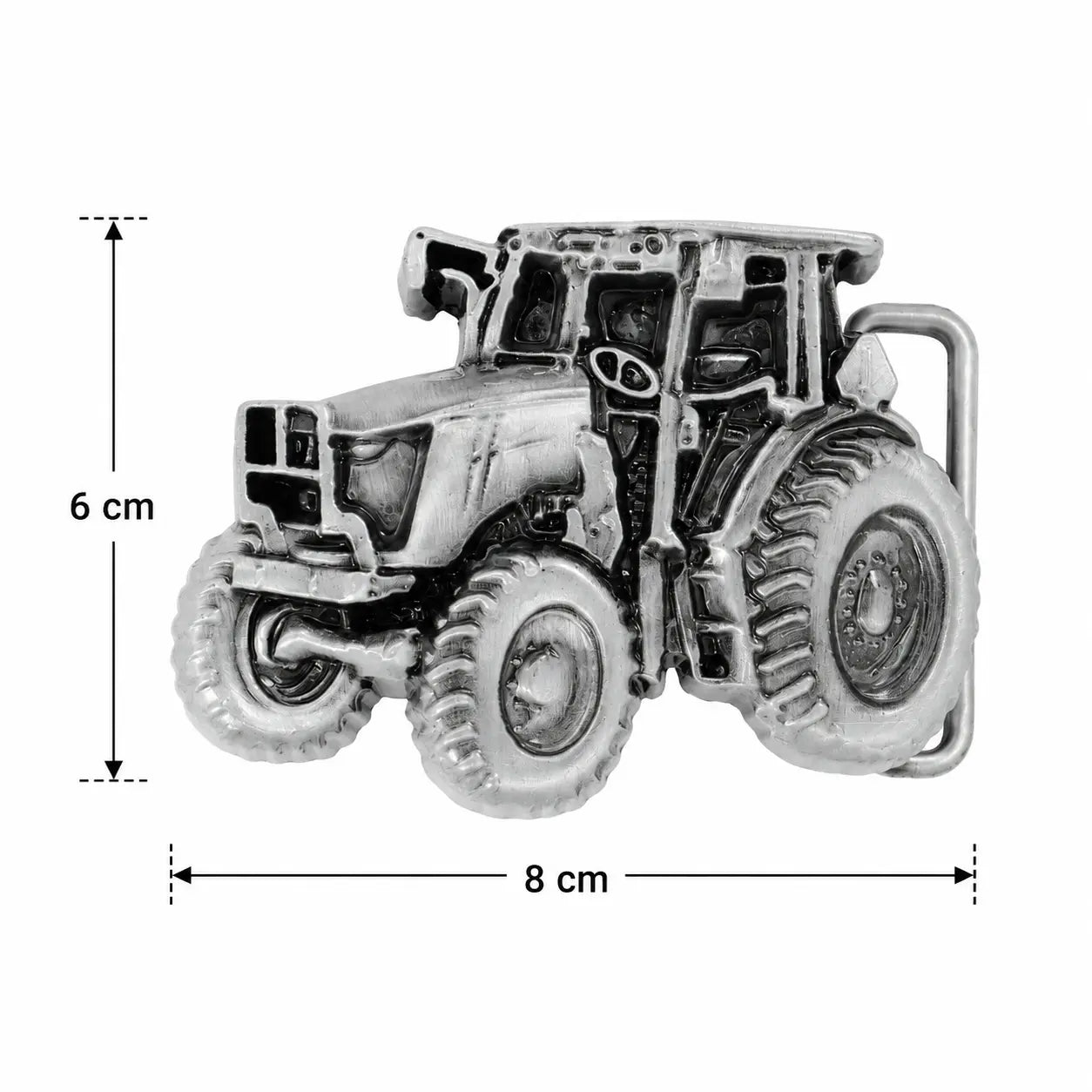 Tractor belt buckle with dimensions on a white background