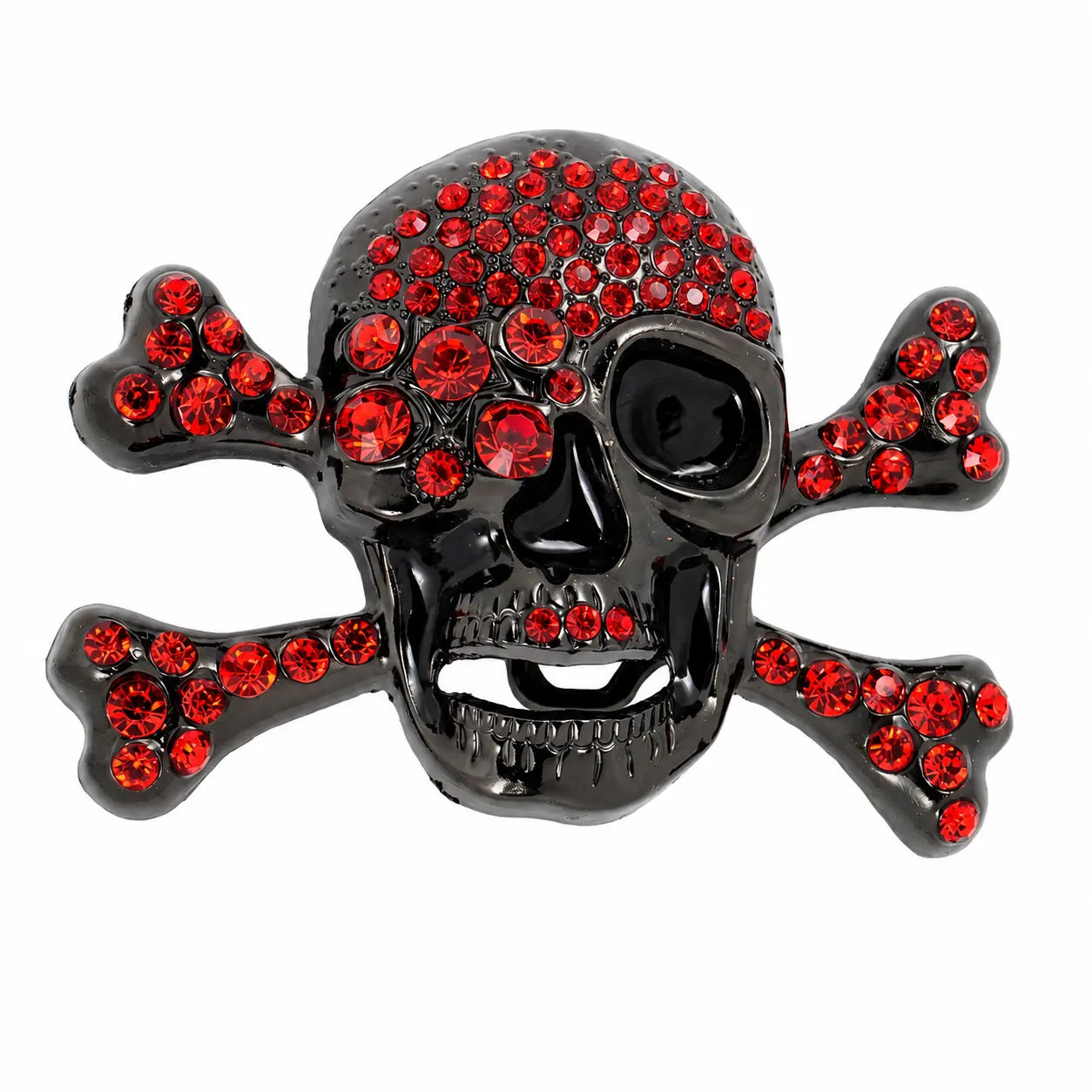 Black skull and crossbones with red gemstones on a white background