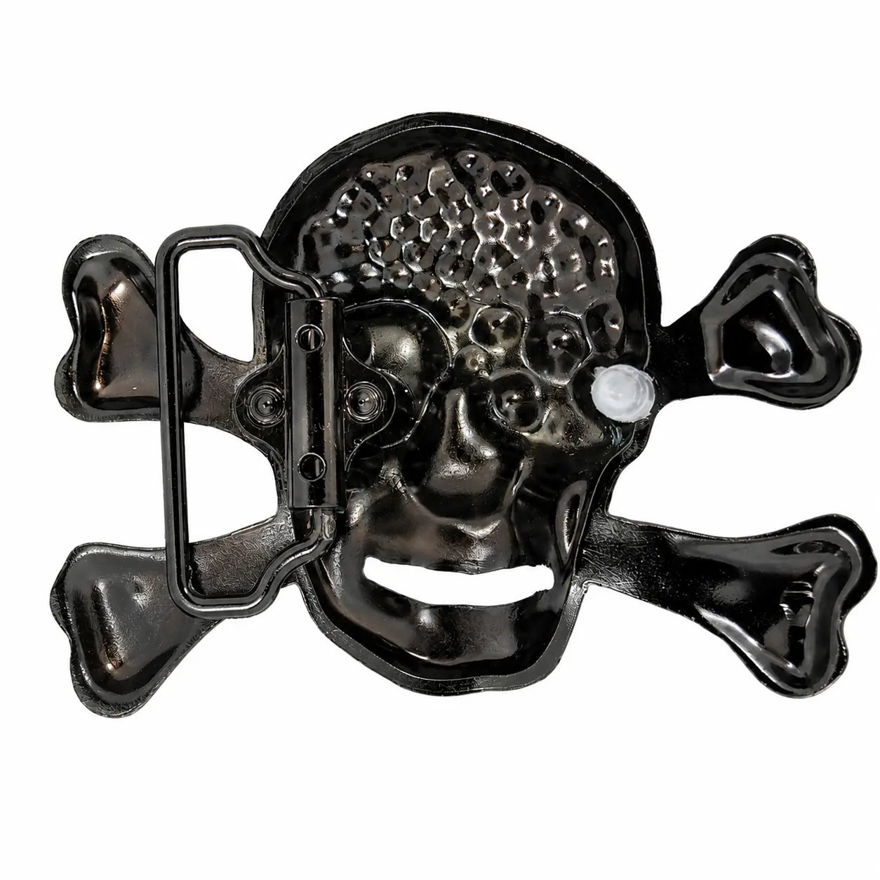 Rear of skull belt buckle and crossbones bottle opener on a white background