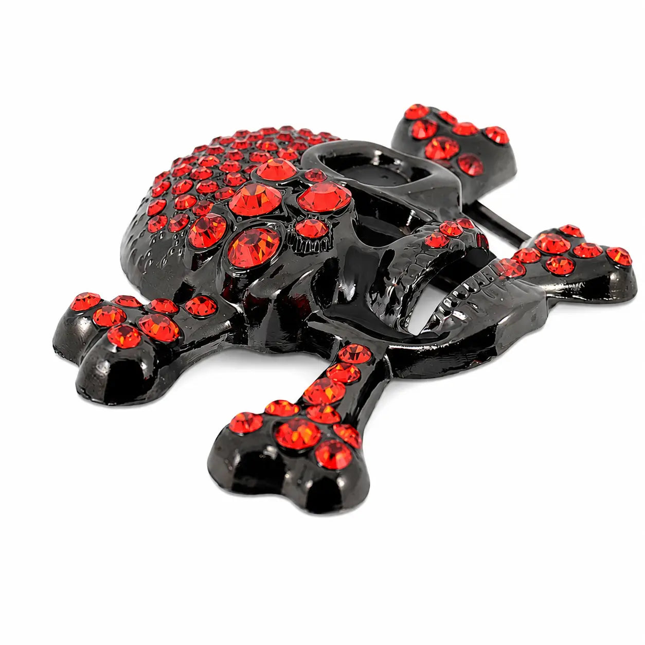 Black cross-shaped belt buckle with red gemstones on a white background