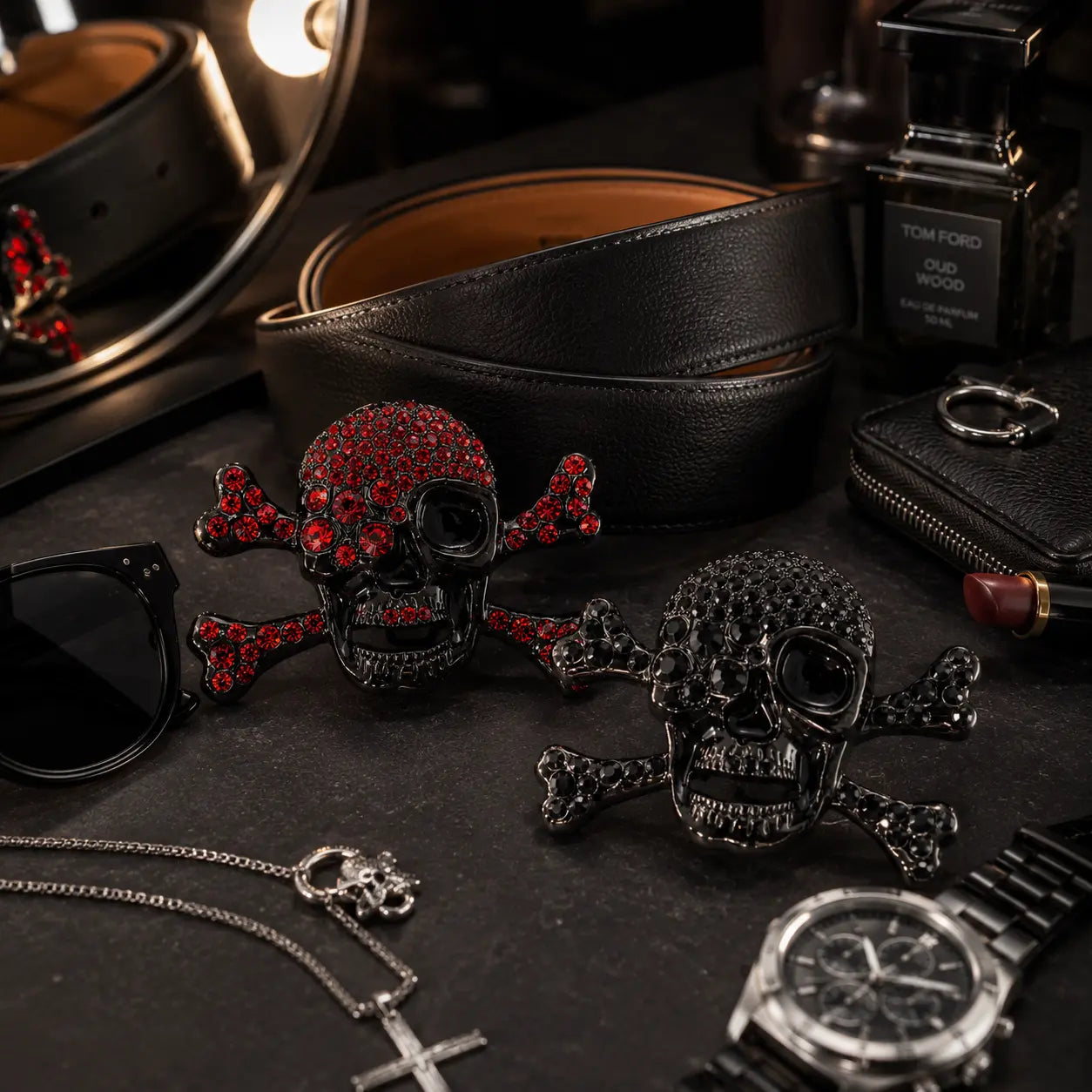 Black leather belt, skull belt buckles sunglasses, and watch on a dark surface