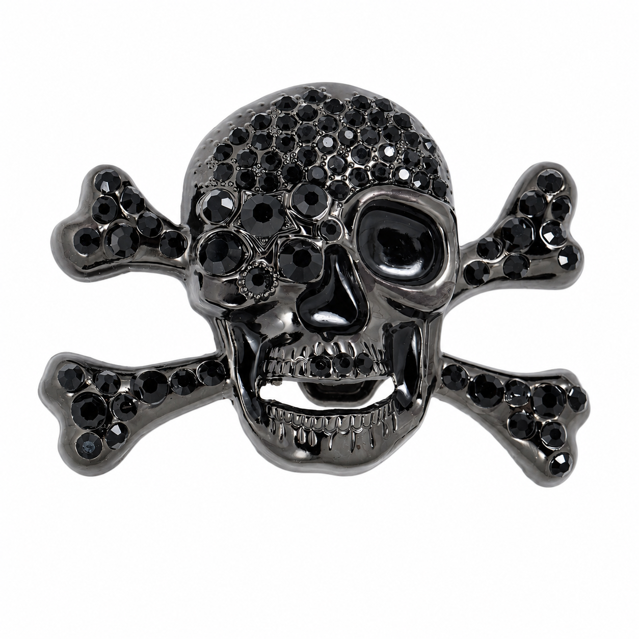 Black skull and crossbones belt buckle with embedded stones on a white background