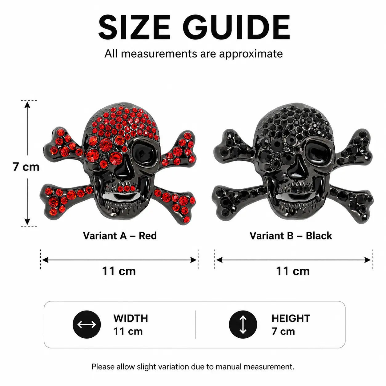 Size guide for red and black skull and crossbones designs with measurements.