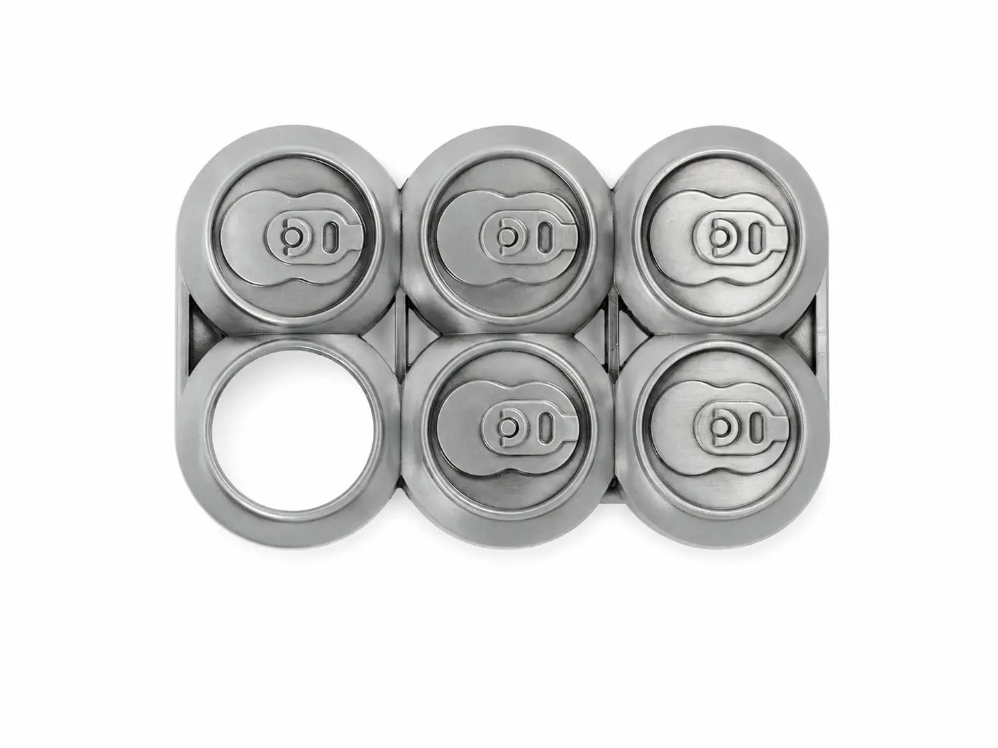 Set of six cans belt buckle arranged in a 2x3 grid on a white background