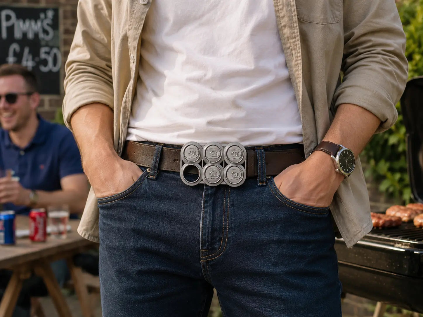 Person wearing a belt with a unique six pack cans buckle in an outdoor setting