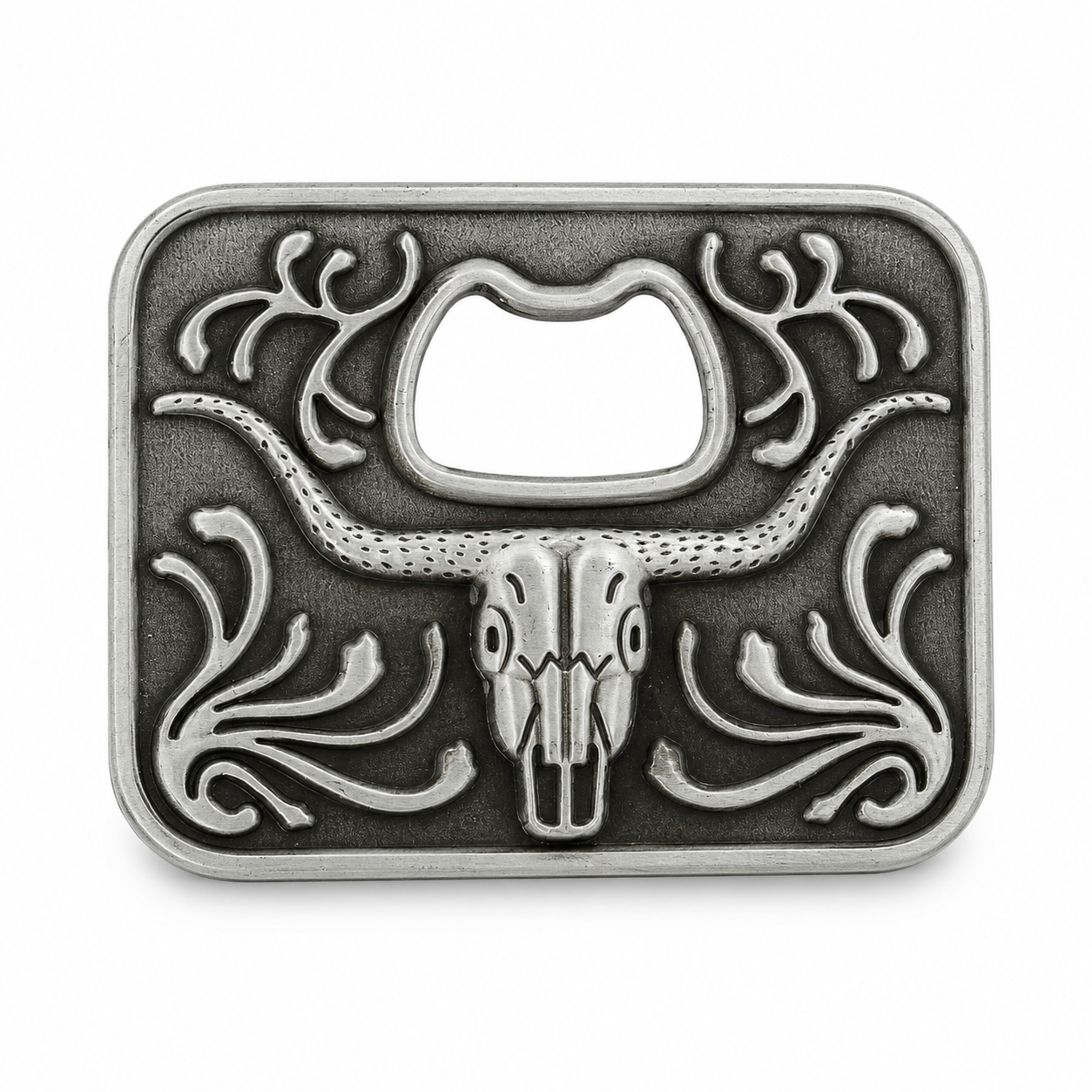 Silver bottle opener belt buckle with longhorn design on a white background