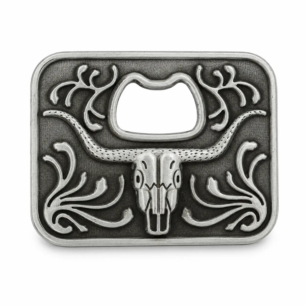 Silver bottle opener belt buckle with longhorn design on a white background