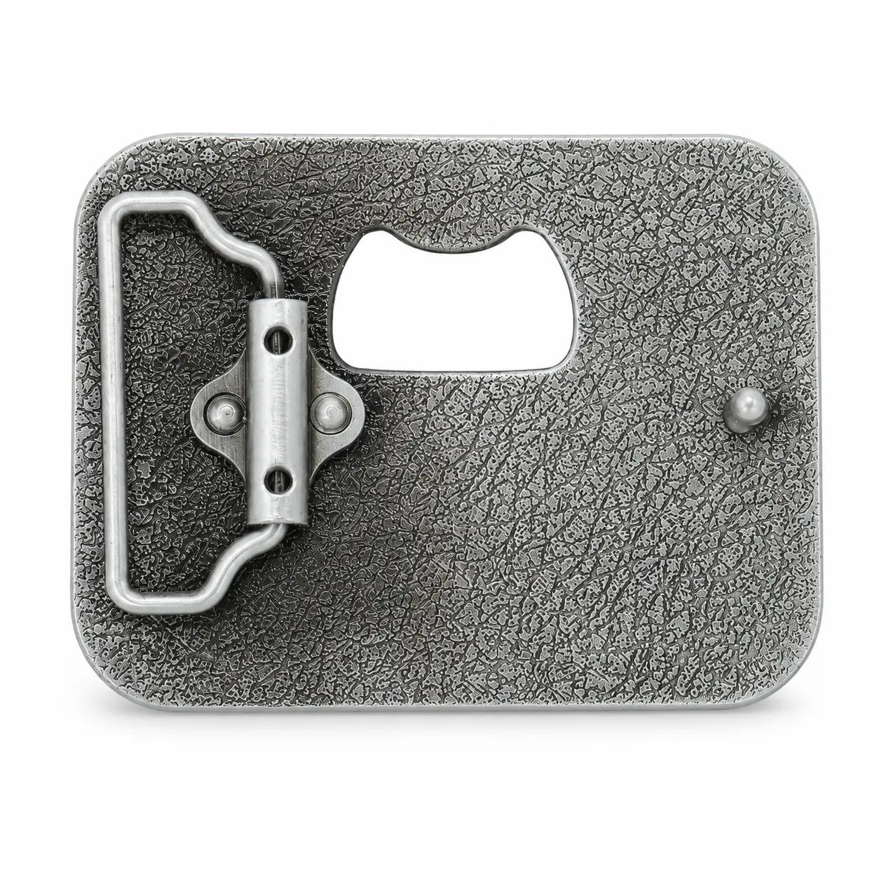 Rear of bottle opener Belt buckle with longhorn design and measurements on a white background