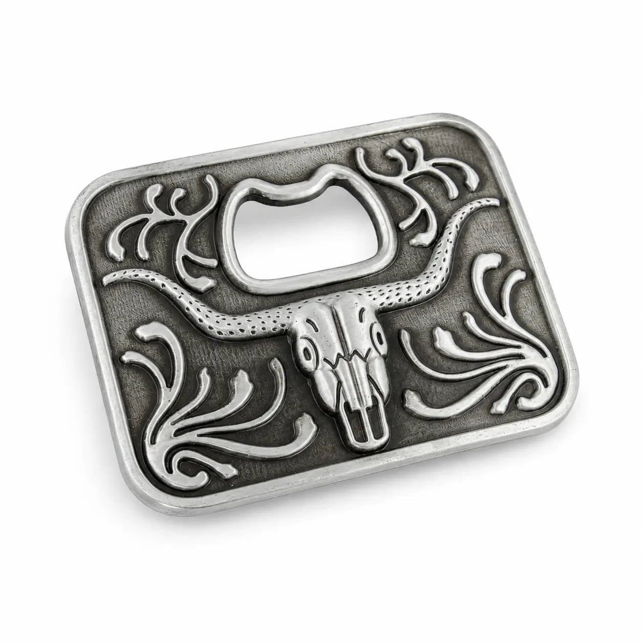 Silver belt buckle with longhorn design on a white background