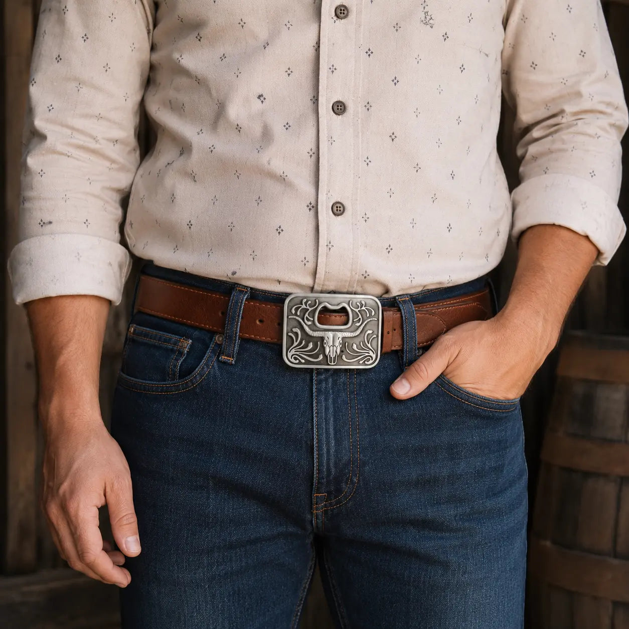 Man wearing a patterned shirt, jeans, and a belt with a bottle opener longhorn decorative buckle.
