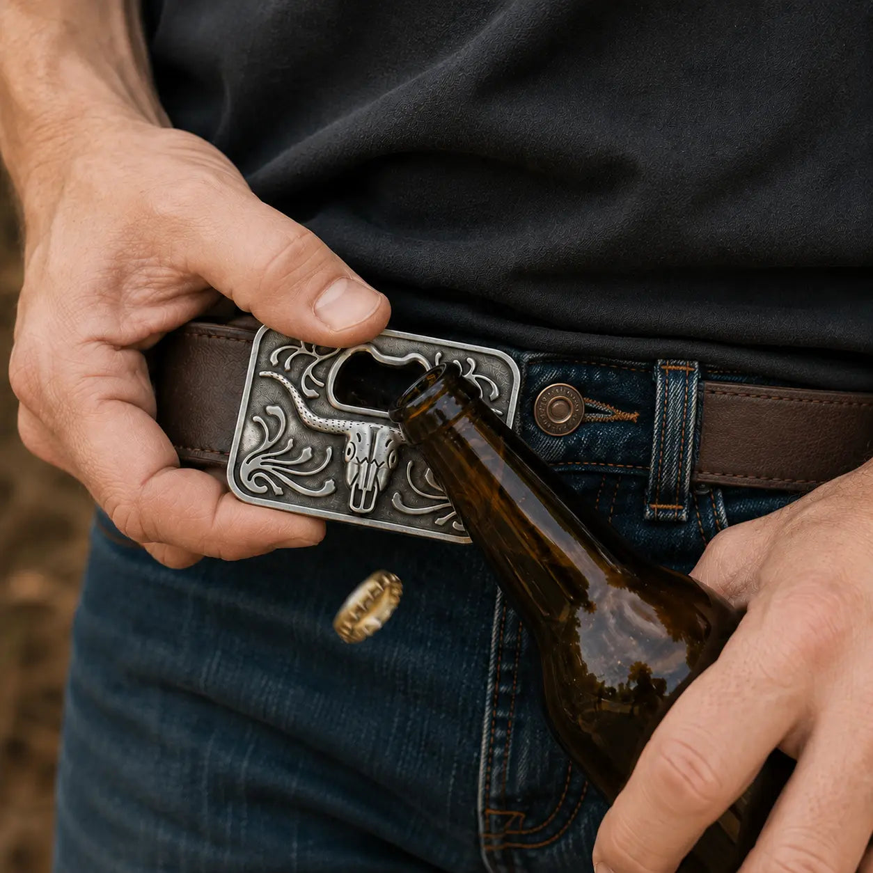 Man holding a bottle with a bottle opener belt buckle featuring a longhorn design.