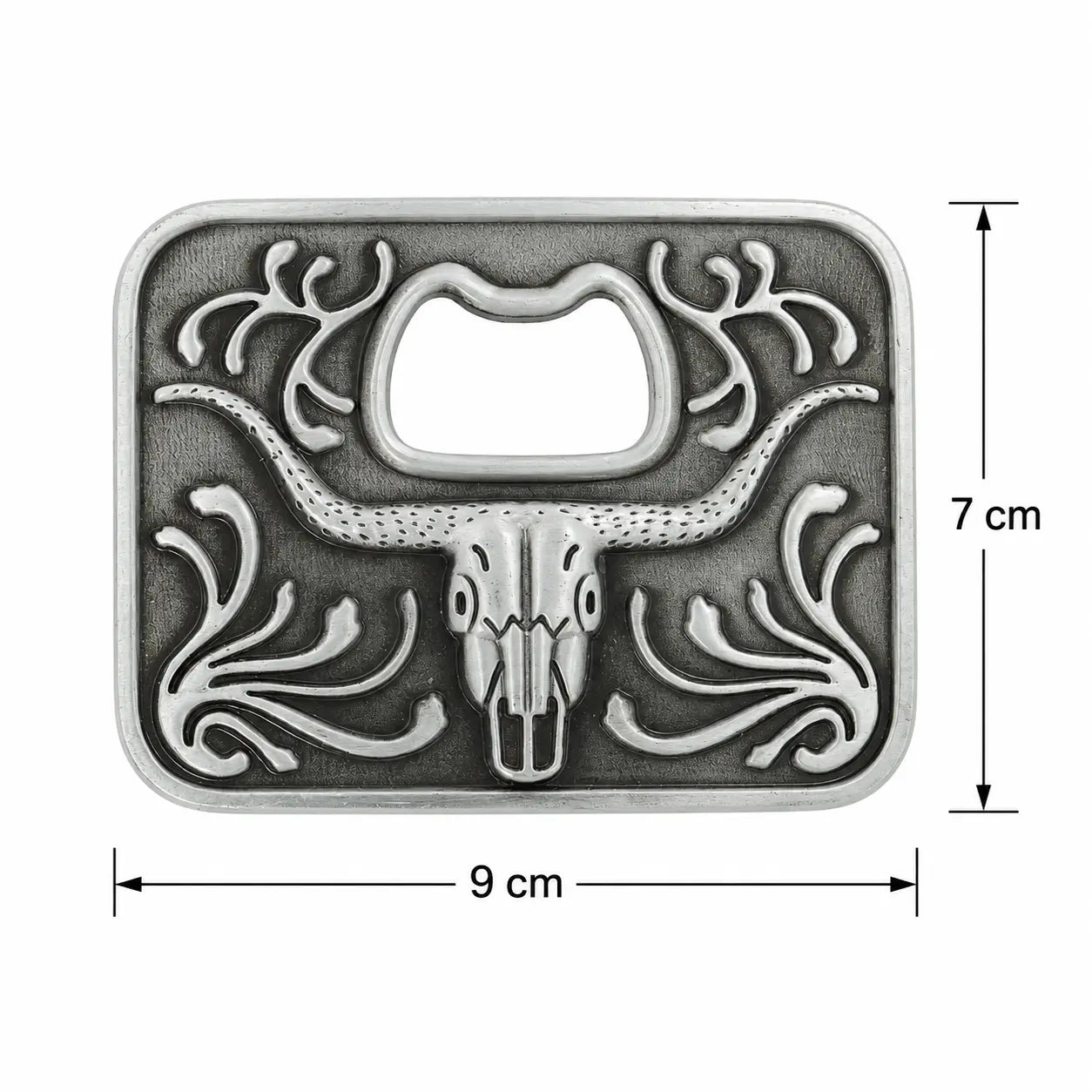 BOTTLE OPENER Belt buckle with longhorn design and measurements on a white background