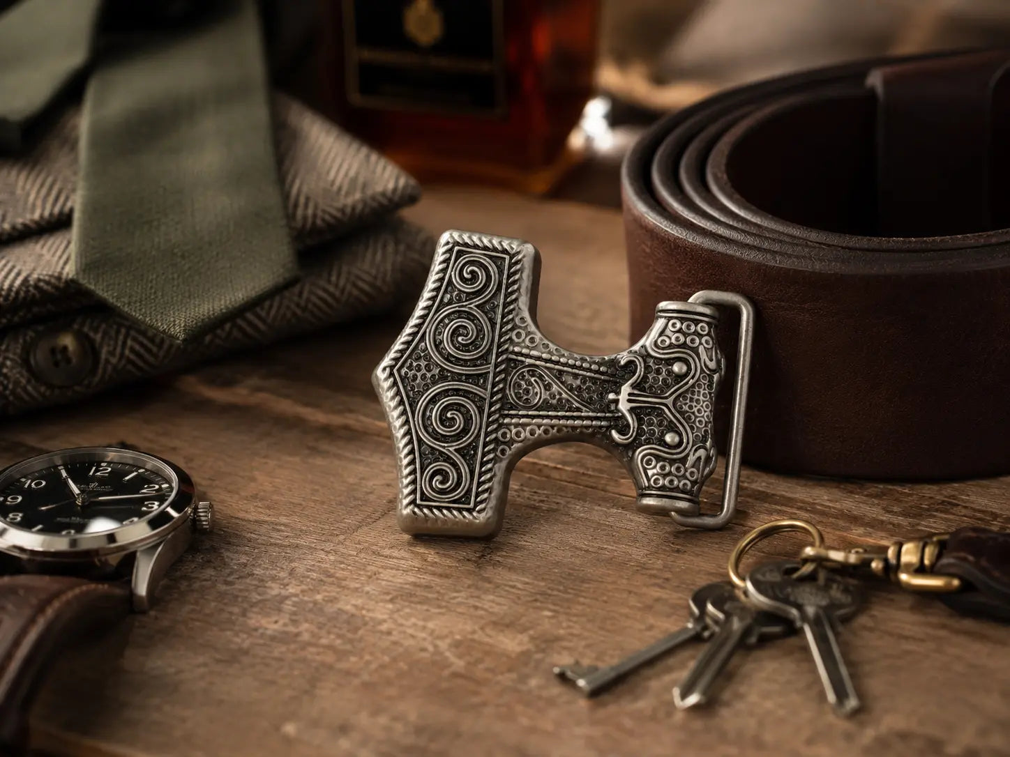 Anchor Belt buckle on a dressing table with belt and accessories.