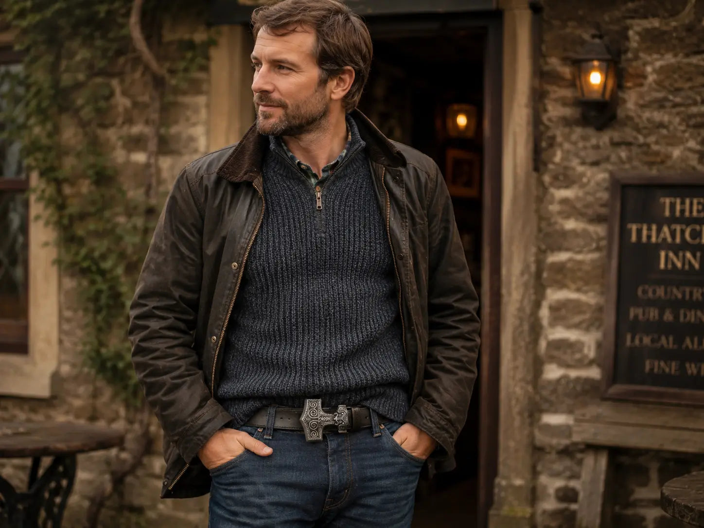 Man wearing an anchor belt buckle in front of a stone building with a sign for The Thatch Inn.