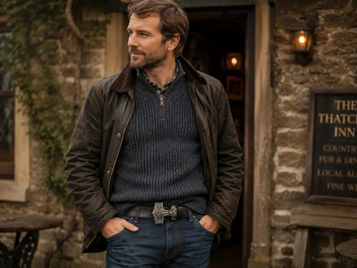 Man wearing an anchor belt buckle in front of a stone building with a sign for The Thatch Inn.