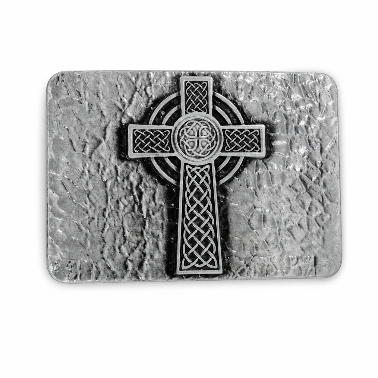 Metallic Celtic cross belt buckle on a textured stone-like background