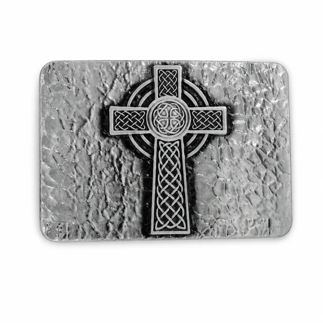 Metallic Celtic cross belt buckle on a textured stone-like background