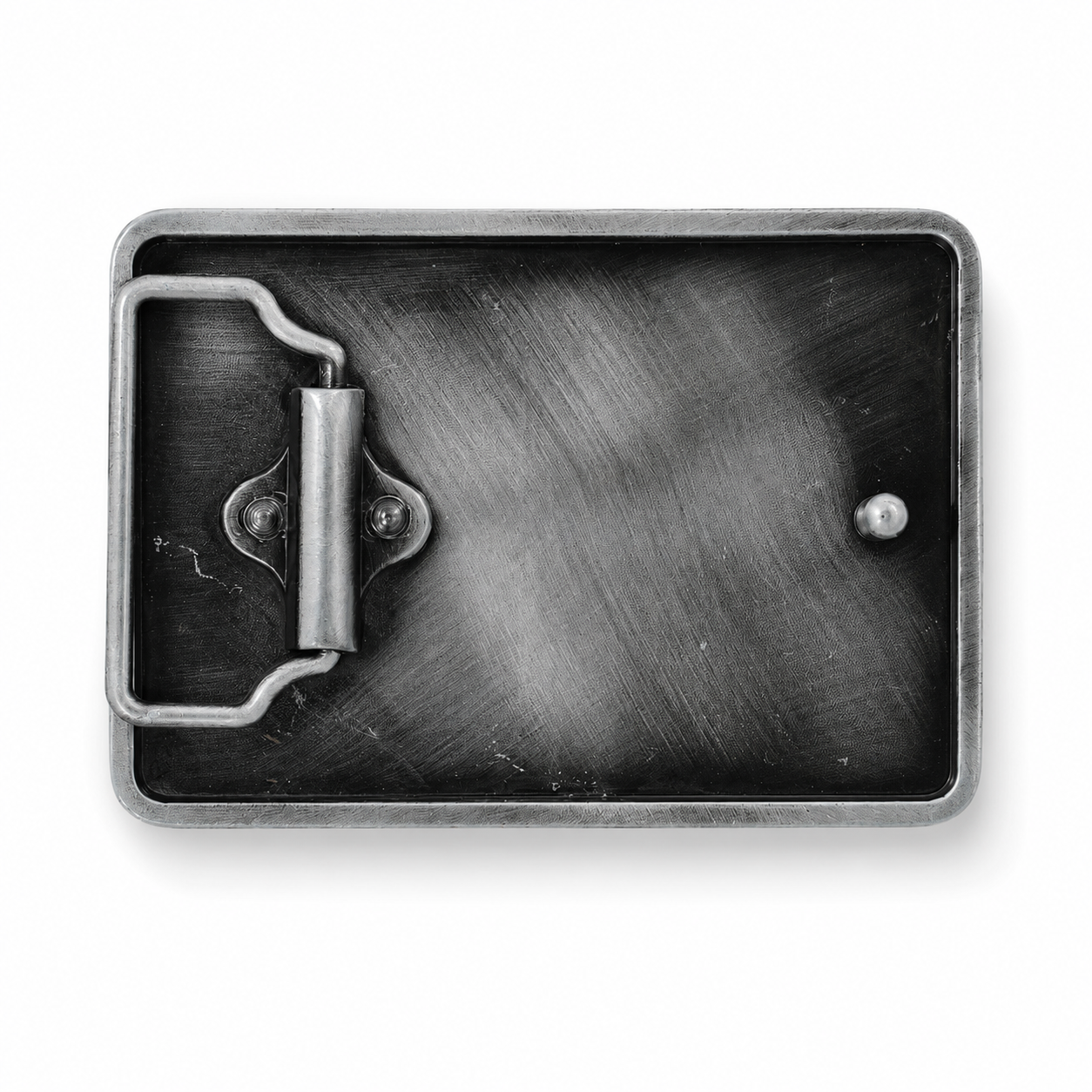 rear of Belt buckle with a metallic finish on a white background