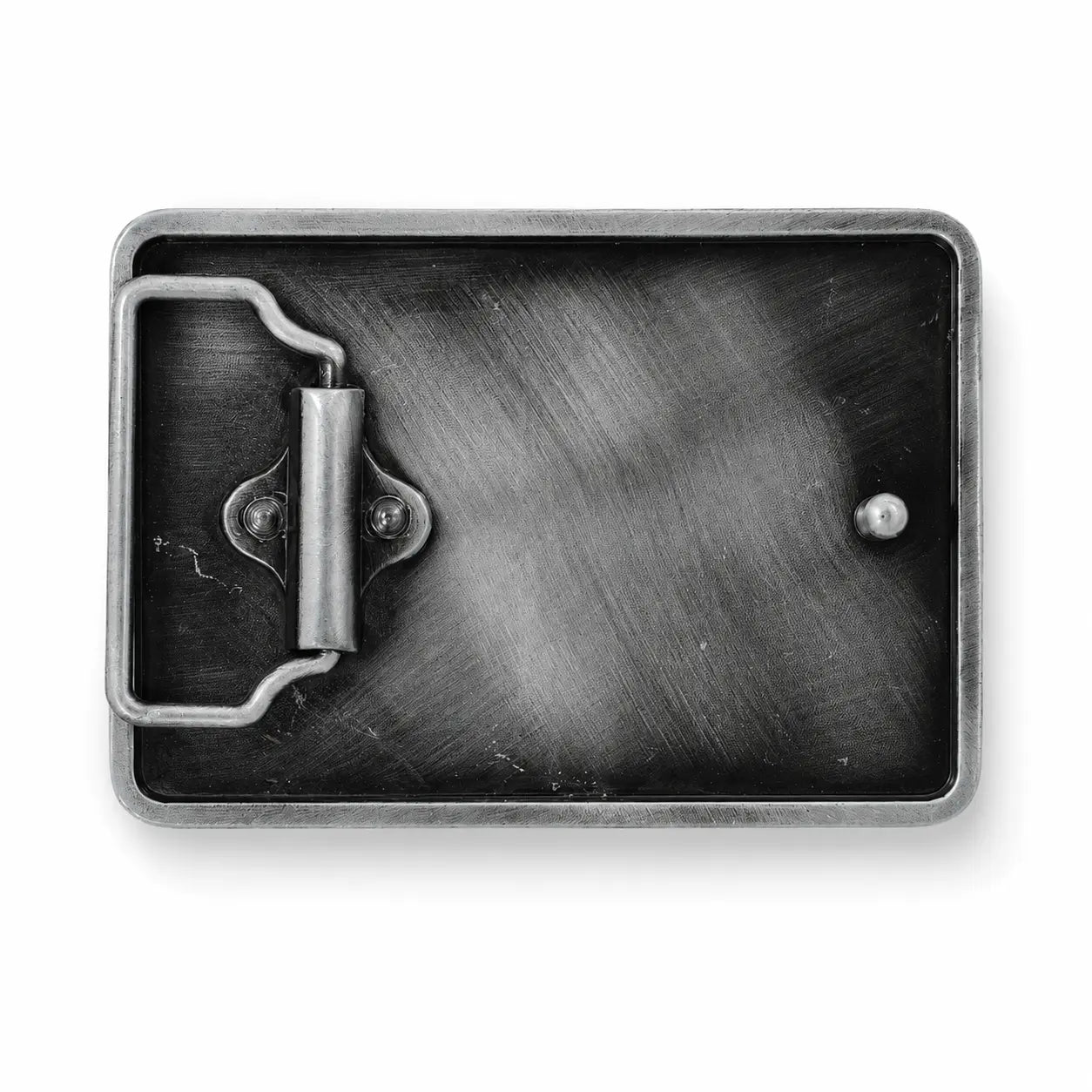 rear of Belt buckle with a metallic finish on a white background
