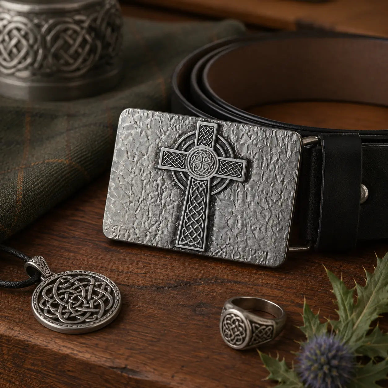 Silver Celtic cross belt buckle with matching pendant and ring on a wooden surface.