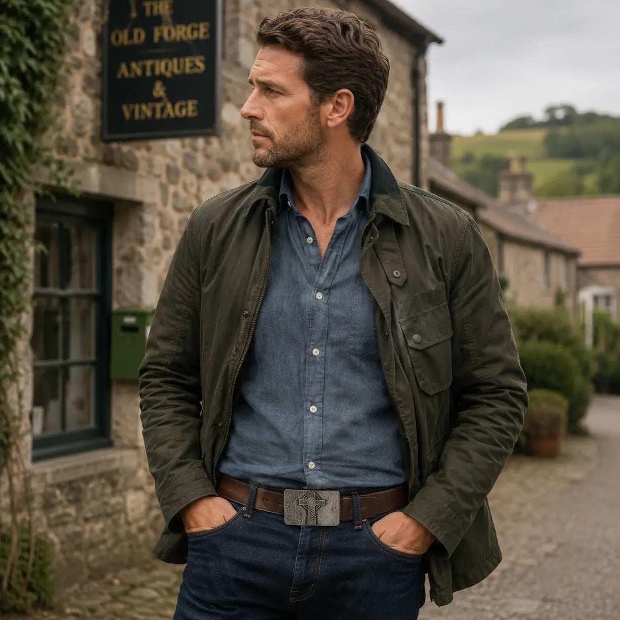 Man wearing celtic cross belt buckle standing in front of a stone building with 'The Old Forge Antiques & Vintage' sign.