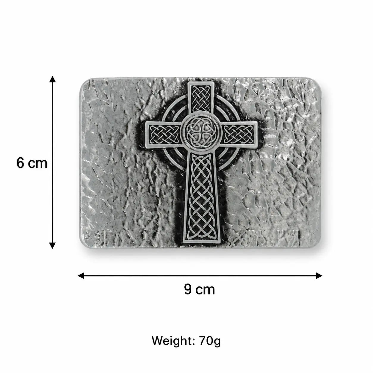 Decorative stone with Celtic cross design, showing dimensions and weight on a white background