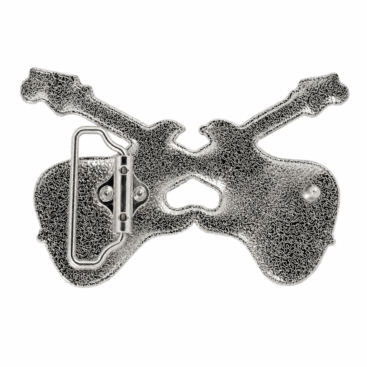 Rear of Two crossed electric guitars belt buckle, featuring a textured finish and a functional hinge on the left side, isolated on a white background.
