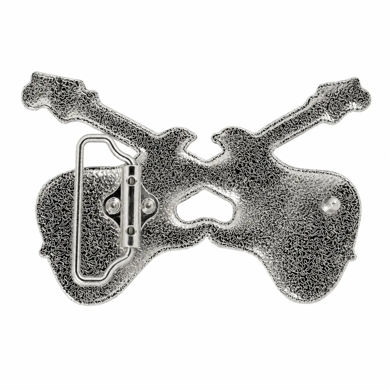Rear of Two crossed electric guitars belt buckle, featuring a textured finish and a functional hinge on the left side, isolated on a white background.