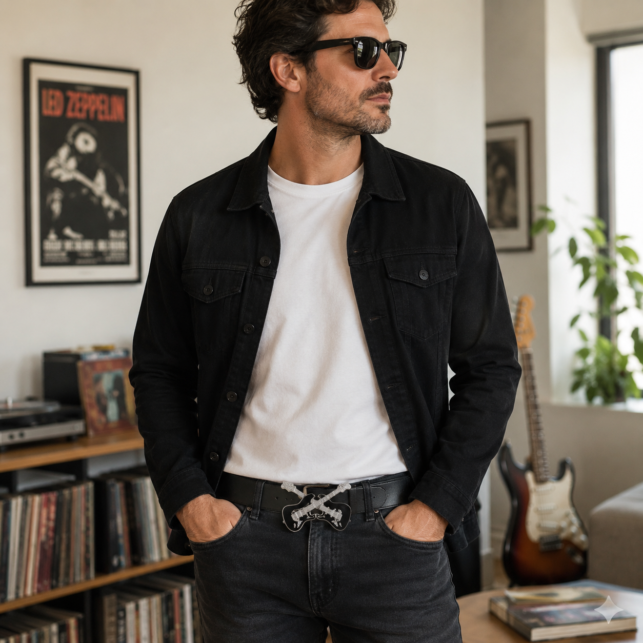 A man wearing a black denim jacket over a white t-shirt and dark jeans with a guitar belt buckle, standing in a room with framed Led Zeppelin posters, a record shelf, and a guitar in the background.