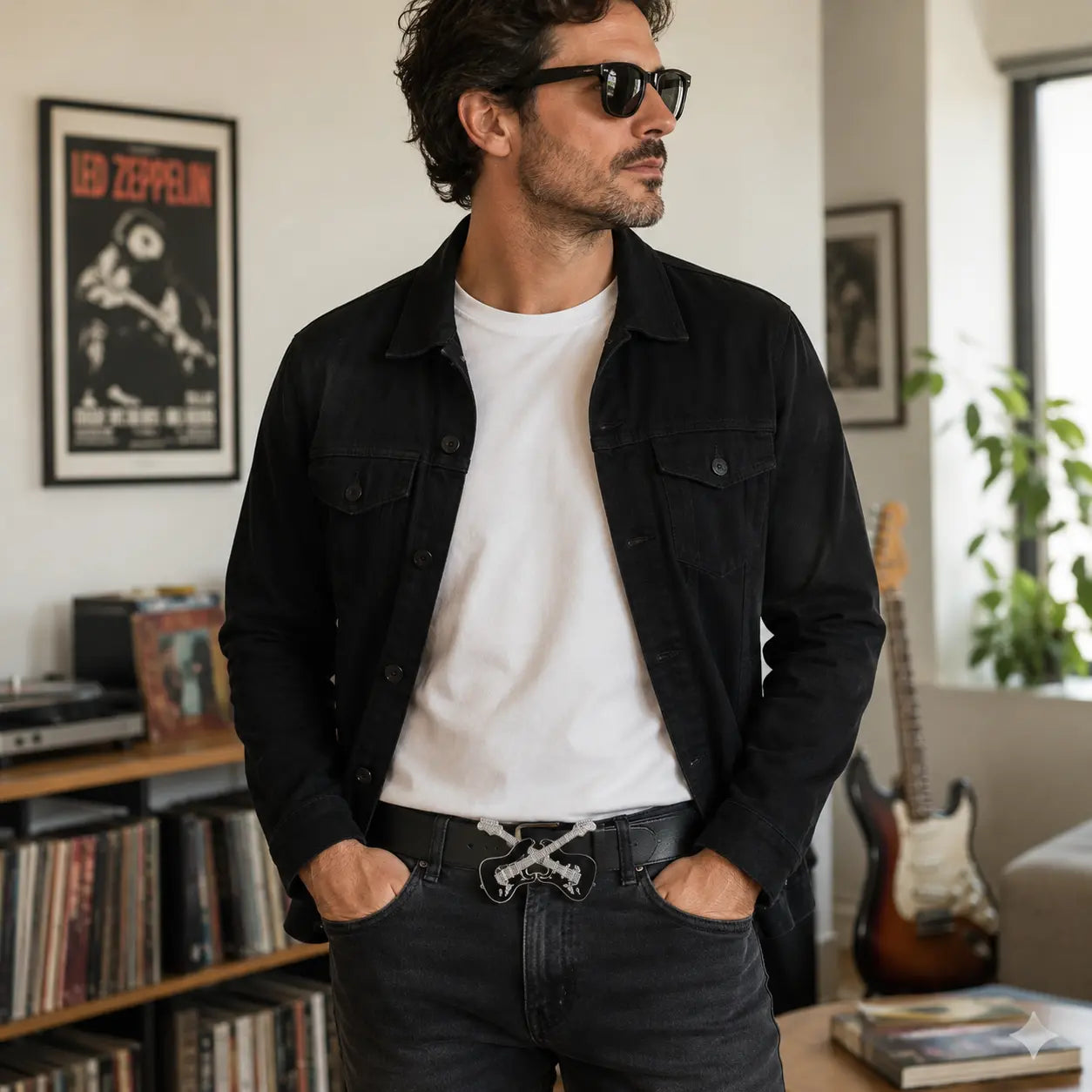 A man wearing a black denim jacket over a white t-shirt and dark jeans with a guitar belt buckle, standing in a room with framed Led Zeppelin posters, a record shelf, and a guitar in the background.