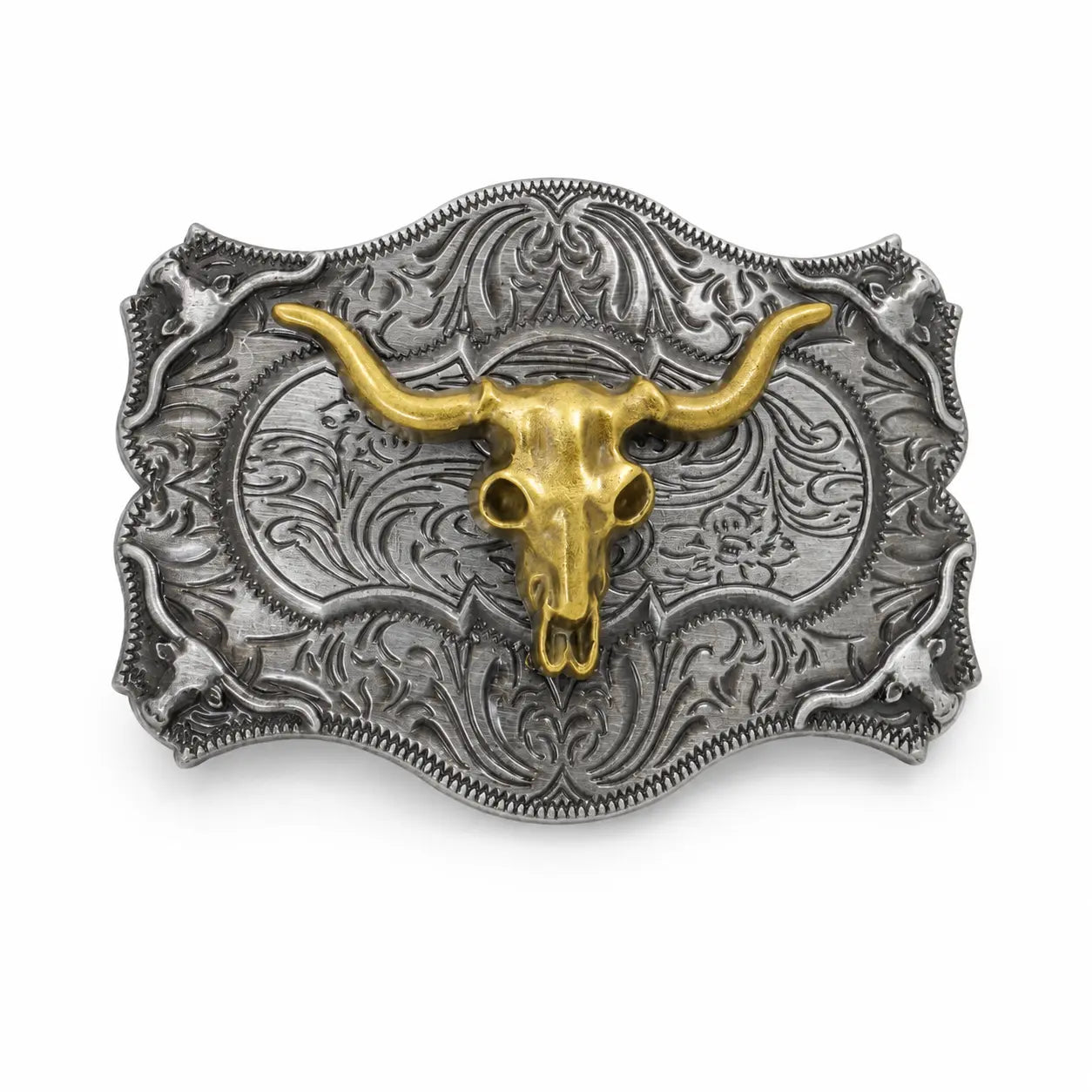 Belt buckle with gold longhorn skull design on a white background