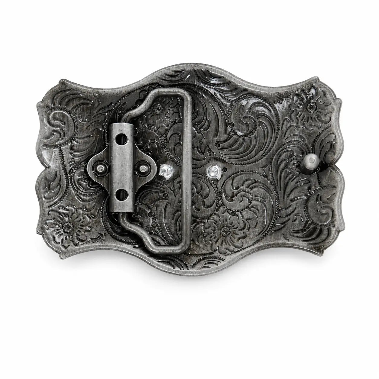 Rear of a belt buckle with intricate patterns on a white background