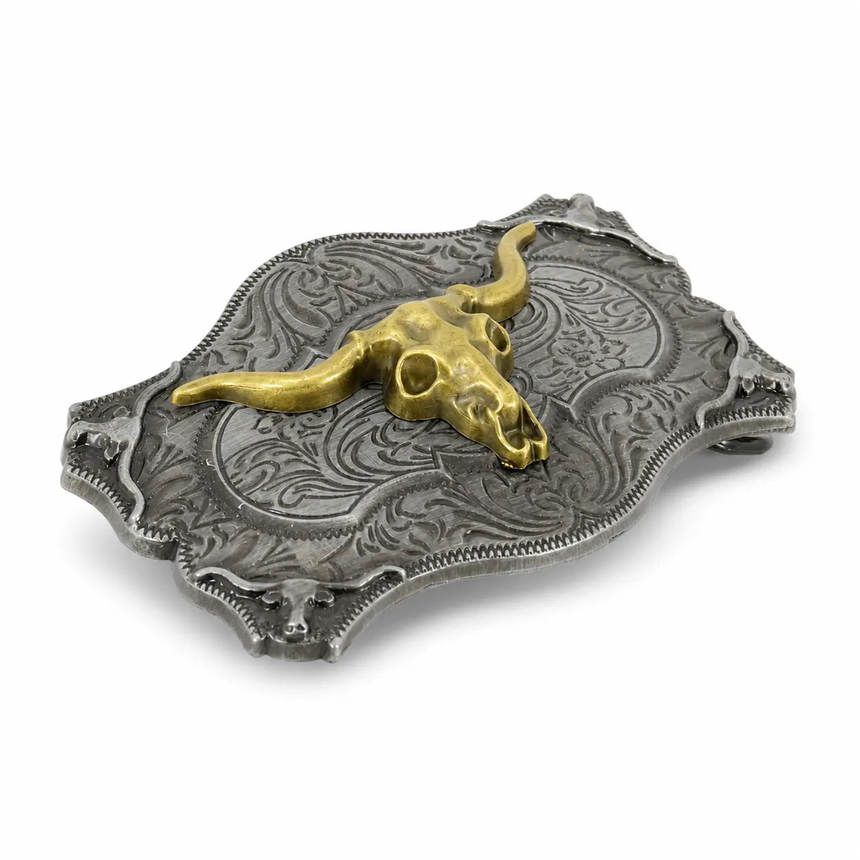Belt buckle with gold longhorn design on a white background