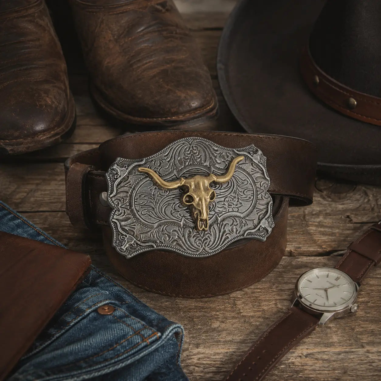Belt with longhorn skull buckle on a wooden surface with boots, jeans, and a watch.