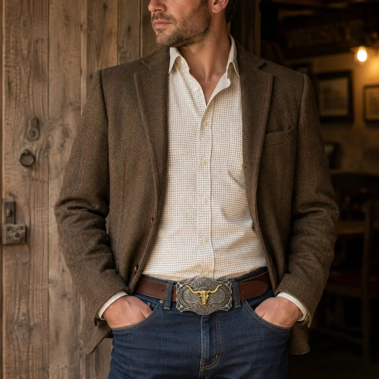 Man wearing a brown blazer, white shirt, and blue jeans with a large belt buckle in a rustic setting.