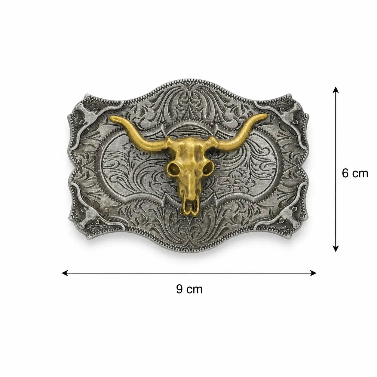 Belt buckle with a gold longhorn design and measurements on a white background