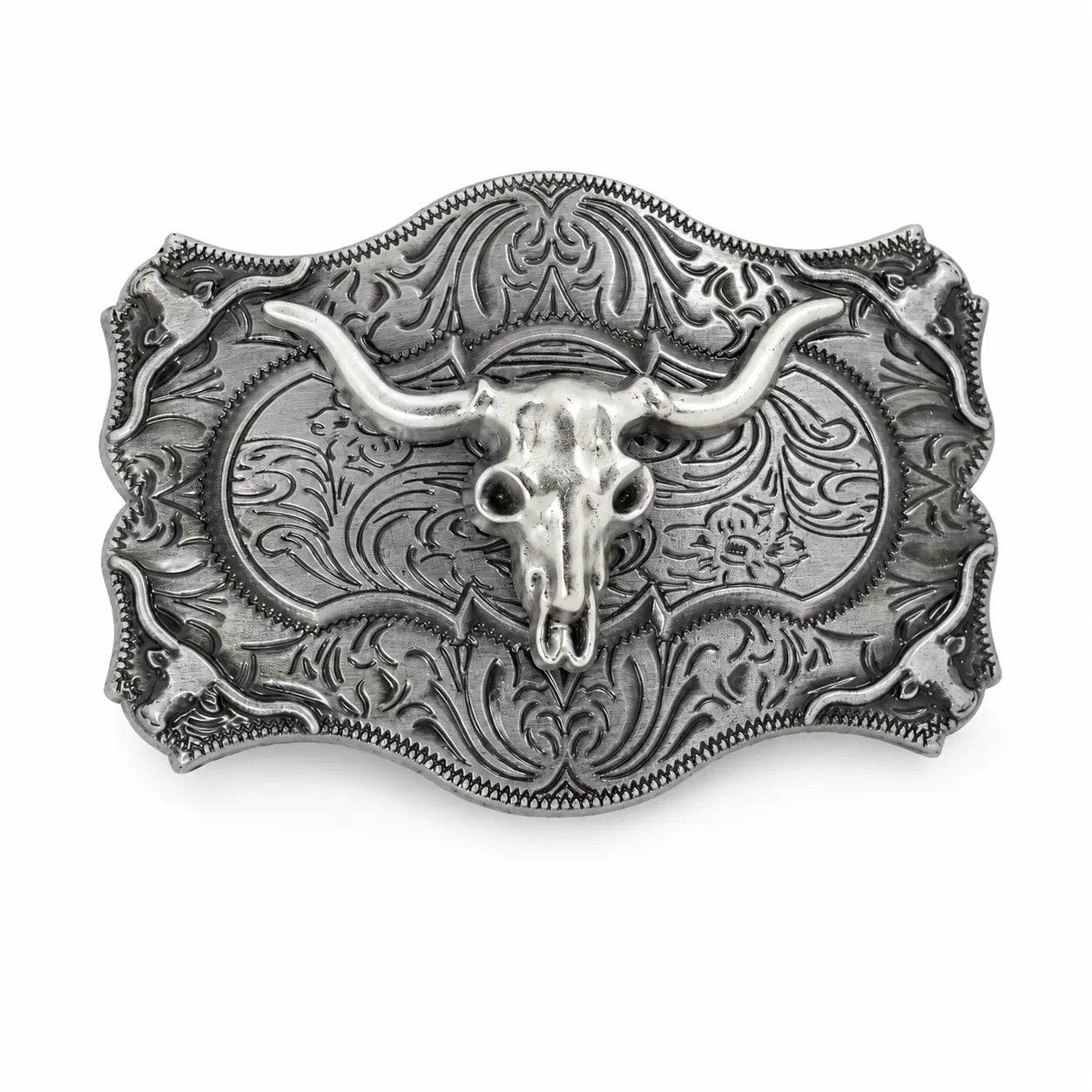 Silver belt buckle with longhorn bull design on a white background