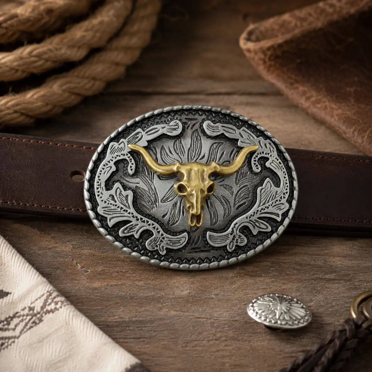 An oval western-style belt buckle with a longhorn skull motif in gold over a dark engraved silver-toned background, shown on a brown leather belt laid across a rustic wooden surface with rope and leather props.