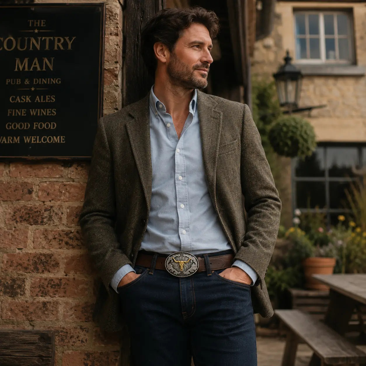 man wearing oval longhorn belt buckle