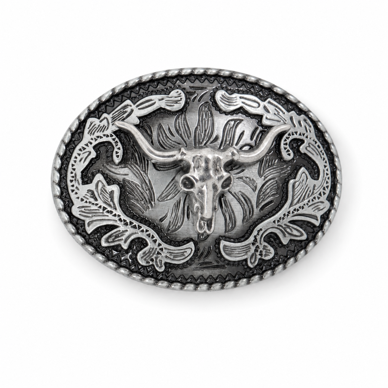 An oval silver-toned metal belt buckle featuring a detailed western design with a central longhorn skull, floral scrollwork, and a textured beaded border, shown on a plain white background.