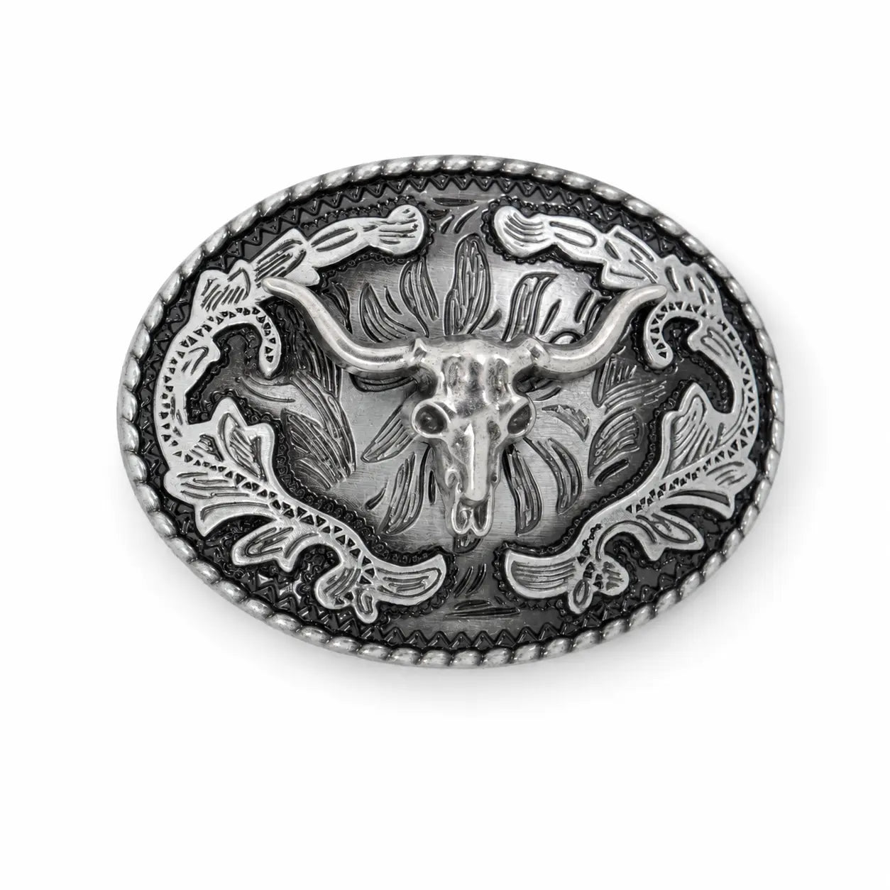 An oval silver-toned metal belt buckle featuring a detailed western design with a central longhorn skull, floral scrollwork, and a textured beaded border, shown on a plain white background.