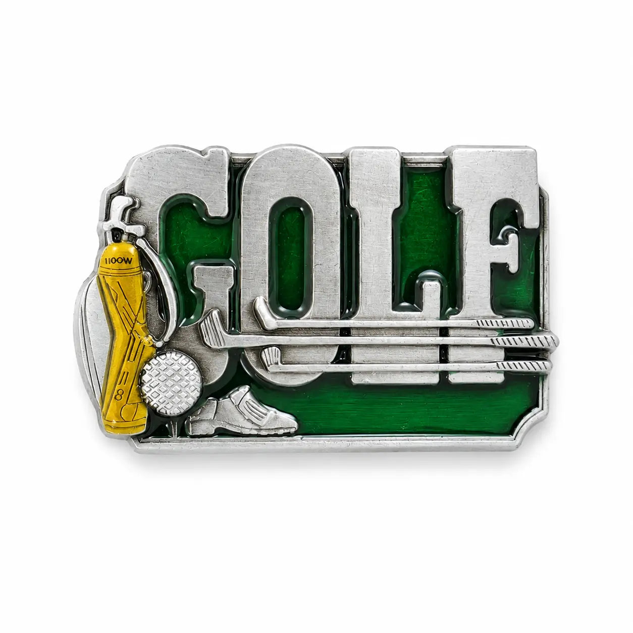 Golf Belt Buckle | Green Enamel & Yellow Golf Bag Detail - Flash My Buckle