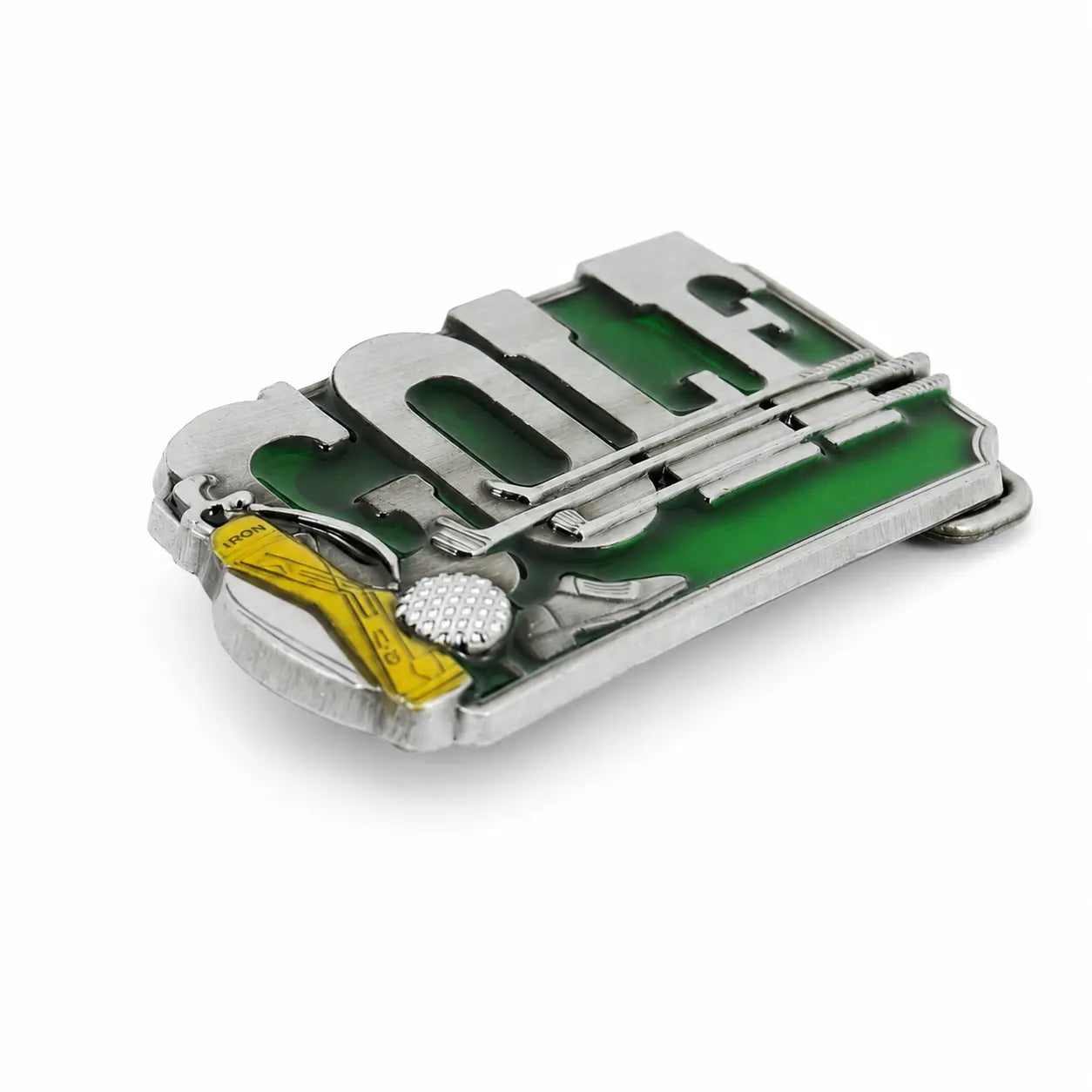 Golf Belt Buckle | Green Enamel & Yellow Golf Bag Detail - Flash My Buckle